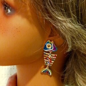 Betsey Johnson multicolor rhinestone Dangling Fish 2.5" earrings